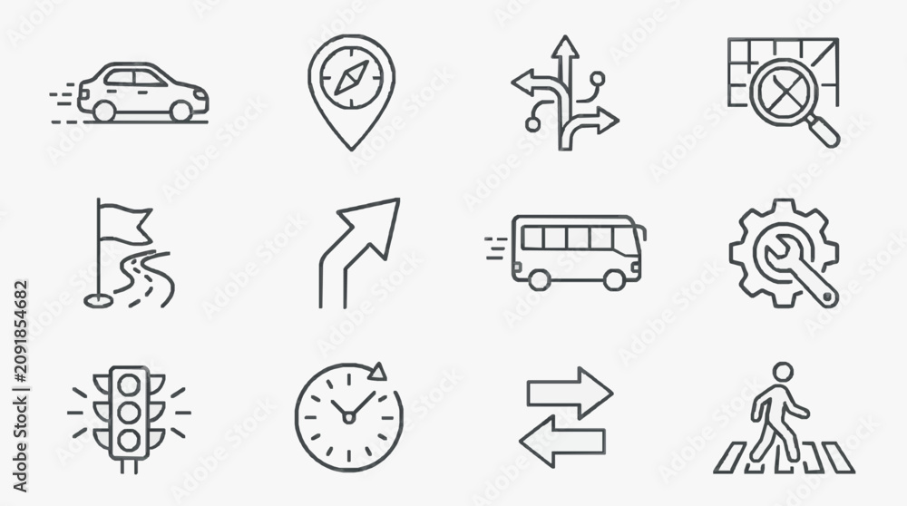 Fototapeta premium Clean Minimalist Black and White Icons Set Featuring Transportation Navigation and Traffic Control Symbols