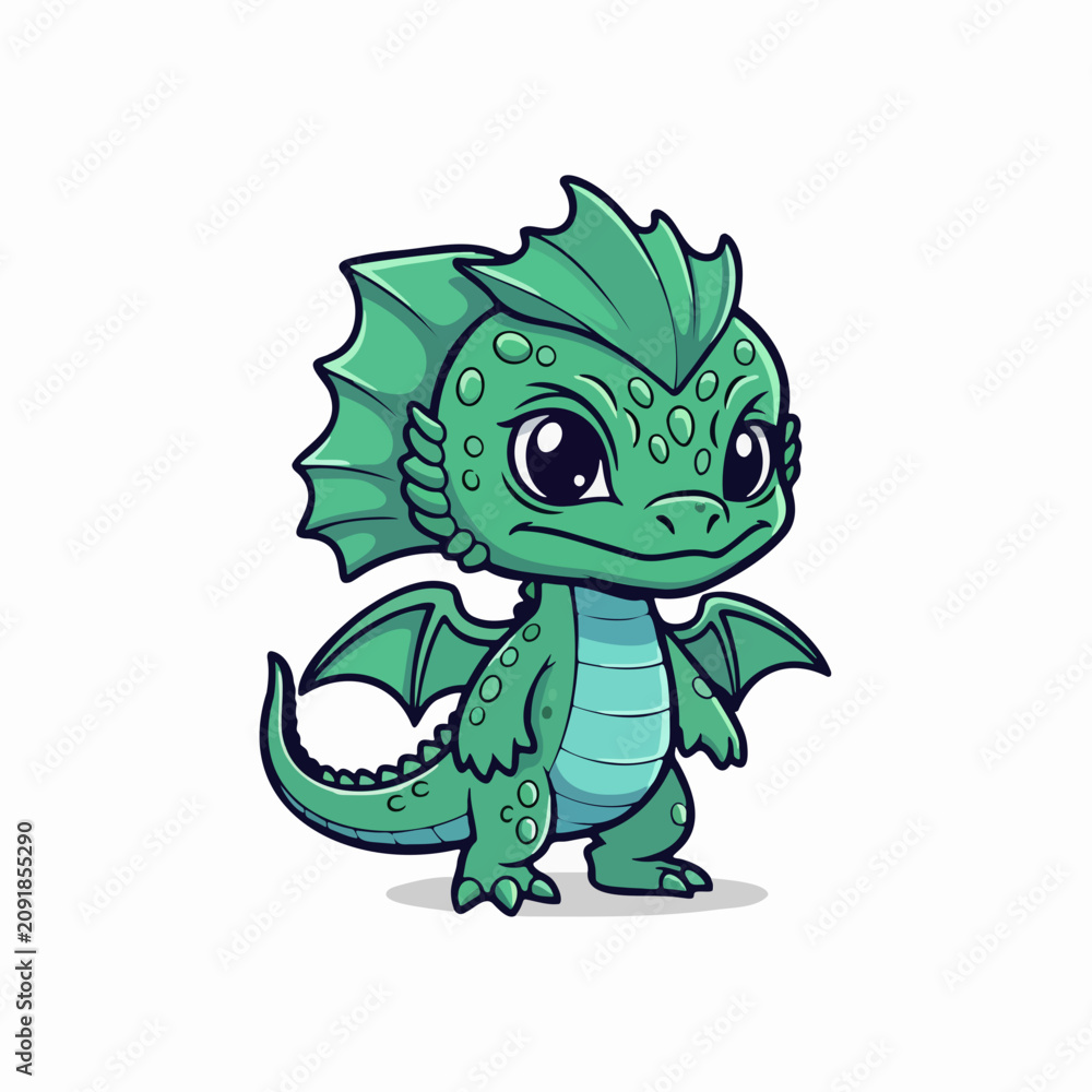 Obraz premium Cute green baby dragon standing in full body profile, character design pose, 2D cartoon illustration, soft even lighting, white background