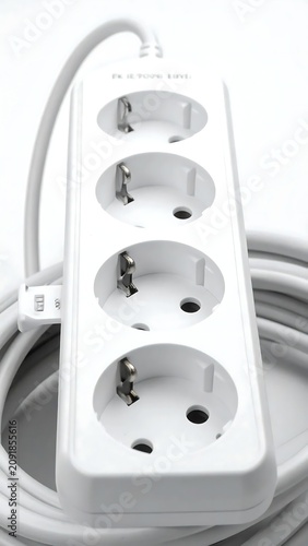 White Four Socket Power Strip Resting on Coiled Cable Against Clean Background