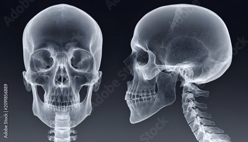 Monochromatic human skull x-ray with frontal and profile views. Orthodontic analysis and dental bone structure. Radiography showing jaw alignment and cranium details.
