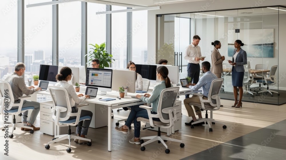 Obraz premium Modern office with diverse professionals collaborating and working at desks and in meetings, featuring large windows and natural light.