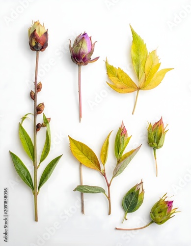 Colorful Roses and Leaves Flat Lay on White Background