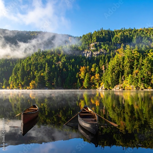 Misty Forested Lake with Two Wooden Canoes Floating Near Autumn Shoreline