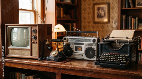 Vintage living room collection with old television telephone typewriter and boombox on wooden shelf, warm interior library setting evoking historical household technology and nostalgia