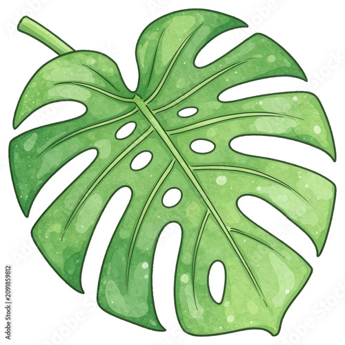 Monstera Leaf Illustration: A vibrant green Monstera deliciosa leaf, showcasing its iconic fenestrated pattern with a watercolor texture and subtle sparkling highlights.