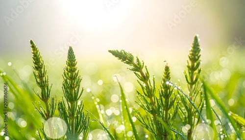 Fresh Green Grass Shoots Covered with Dew in Sunlit Meadow