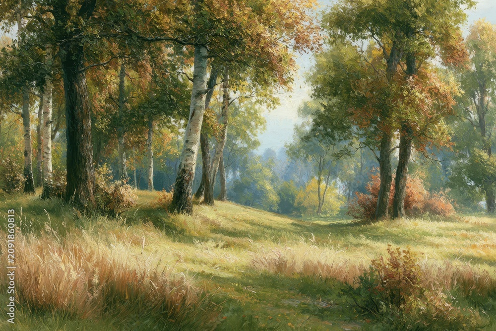 Fototapeta premium Autumn birch forest glowing in soft morning light across a grassy meadow for nature travel and environmental conservation branding