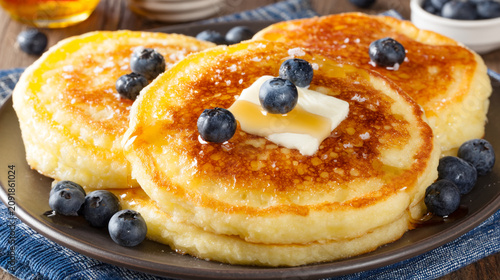 Freshly cooked golden pancakes served with maple syrup, butter and blueberries on dark plate