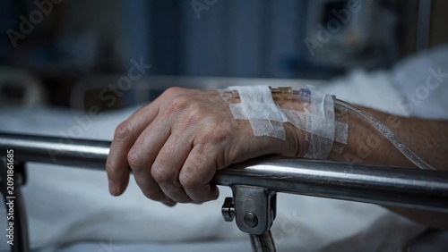 Close-up of patient hand with IV drip in hospital setting