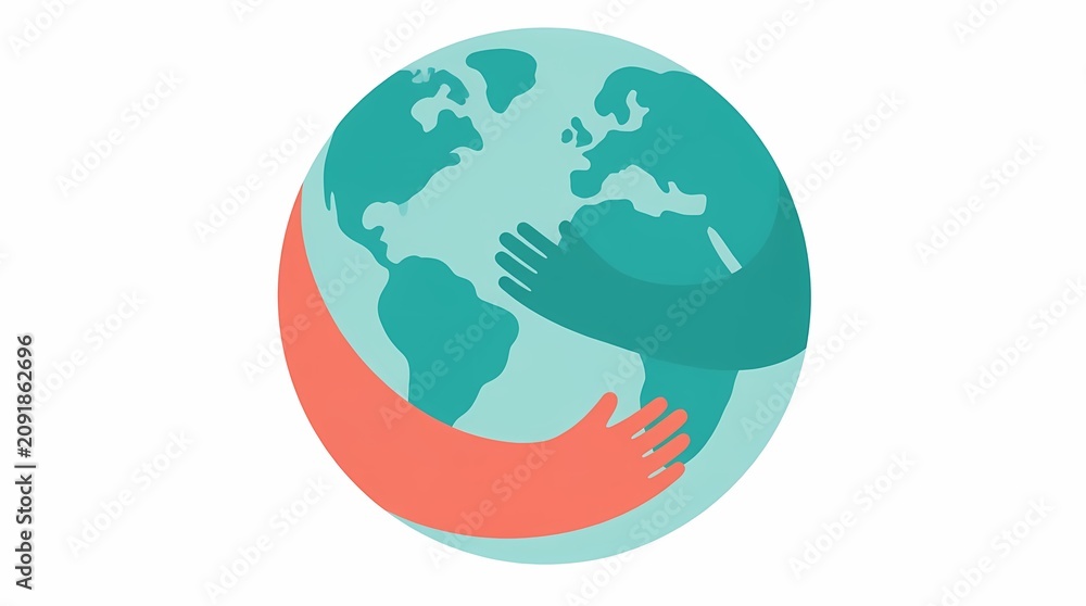 Fototapeta premium Earth embracing with diverse hands illustrating global environmental protection and sustainability, a modern flat design vector graphic symbolizing care for our planet.