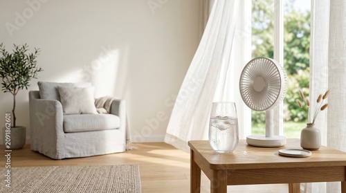 Modern White Electric Fan and Glass of Iced Water on Wooden Table in Bright Living Room