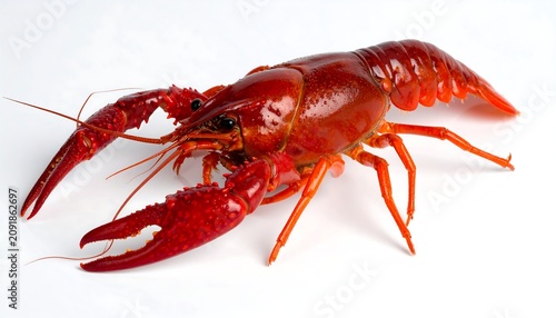 Bright Red Crayfish Resting on White Studio Background