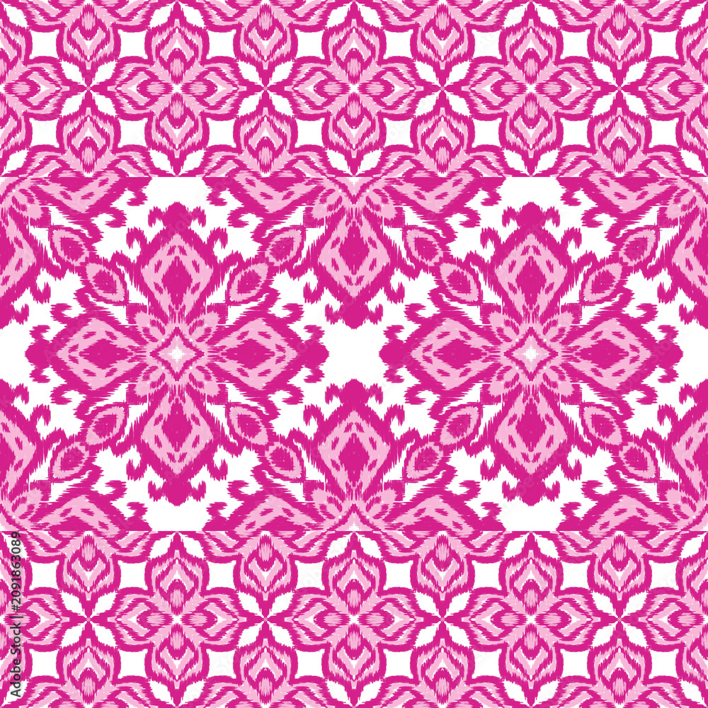 Fototapeta premium Pink Ikat damask seamless pattern ethnic ornament with border