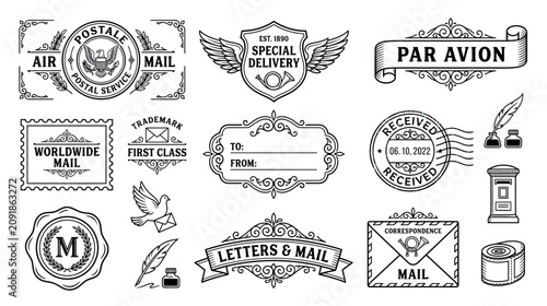 Billede på lærred Vintage Postal Service Elements: Stamps, Envelopes, Mailbox, Labels, Seals
