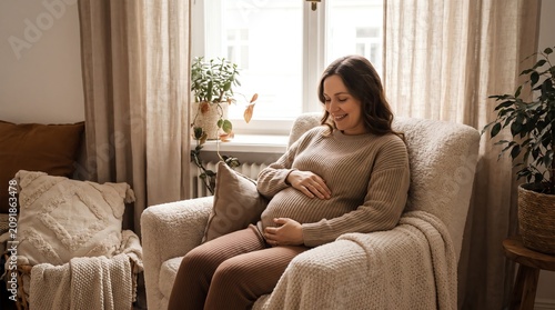 Pregnant woman relaxing in cozy living room with natural light