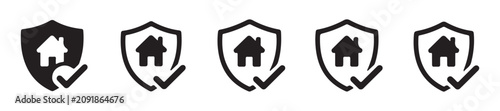 Collection of house insurance protection shield icons showing verified safety and property security.