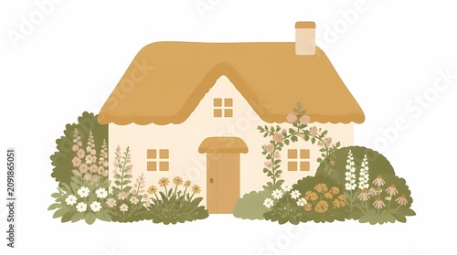 Charming rustic cottage house illustration with a cozy thatched roof, nestled amidst a vibrant blooming flower garden on a clean white background, evoking an idyllic fairytale countryside scene.