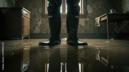 A person wearing black boots stands in a flooded room with old furniture and peeling wallpaper, reflecting the water on the floor.