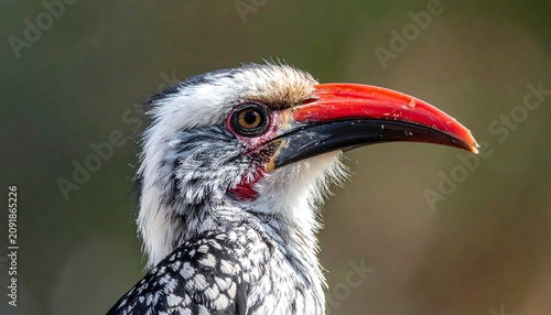 Detailed Hornbill Portrait Showing Bright Red Bill Against Soft Natural Background