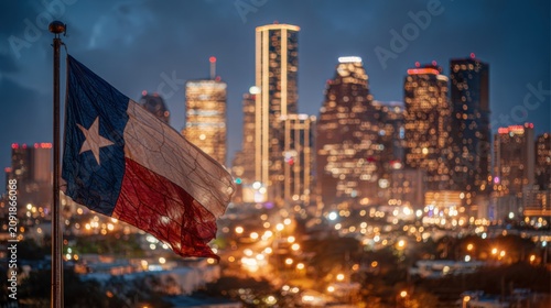 Texas flag waves in the evening as Houston skyline lights up with tall buildings and city lights