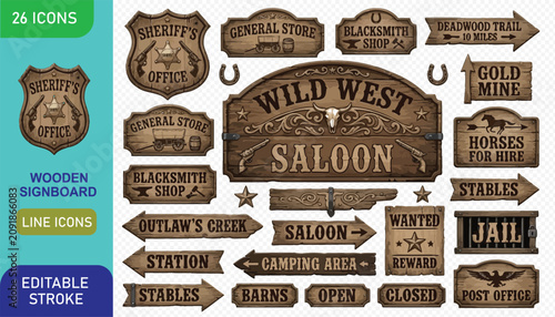 Fotografie Wild west wooden signboards collection with vintage saloon and sheriff office de