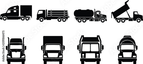 Bild auf Leinwand Commercial Truck Silhouette Collection with Cargo Tanker Dump and Delivery Vehic