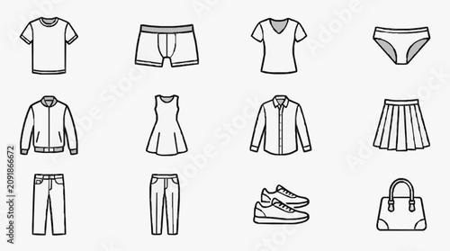Canvastavla Clean Minimalist Line Drawing Set of 12 Everyday Clothing Items and Accessories