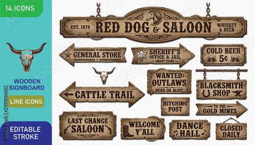 Vintage wild west wooden signboard collection with saloon and cattle trail signage elements