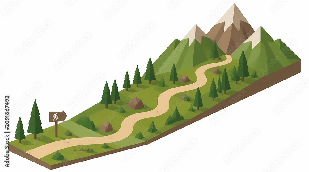 Obraz premium Hiking trail winding through isometric low-poly mountain landscape, with green hills, evergreen trees, rocks, snow peaks, and a sign for nature exploration.