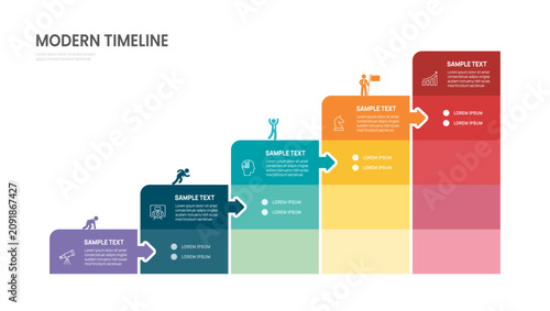 Business success staircase infographic presentation 5 steps, arrow jigsaw timeline roadmap template for process, strategy, goal and corporate growth design.