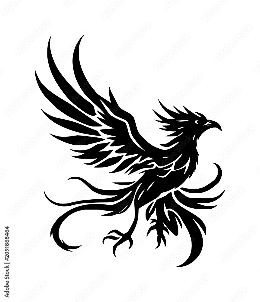 Fototapeta premium Tribal phoenix silhouette set with aggressive elegant shape, wide open wings and sharp feather elements featuring tribal style, bold black, tattoo vector with clean paths and commercial use