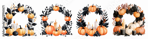 Canvas Print Set of halloween and autumn wreaths featuring watercolor pumpkins, dark leaves,