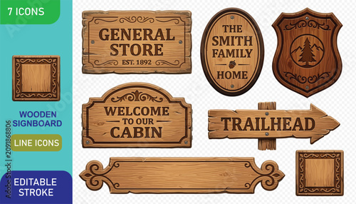 Tableau sur toile Collection of seven detailed wooden signboards with engraved text for cabin and store wayfinding