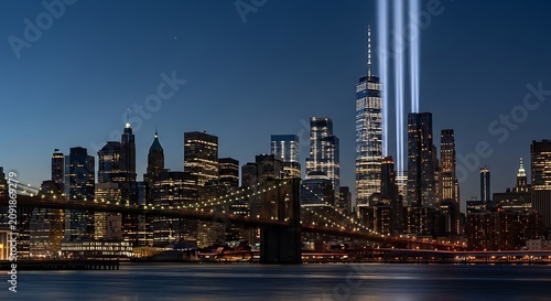 Illuminated New York City Skyline Glowing at Night with Light Beams Above Lower Manhattan