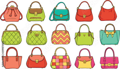 Colorful women handbags collection, stylish fashion purse illustration set, trendy leather bags design, modern accessories for shopping and lifestyle