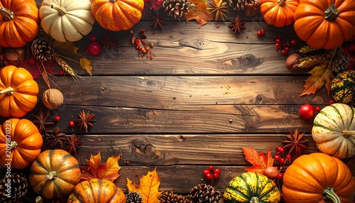 Colorful Autumn Pumpkins Framing Rustic Wooden Table Background