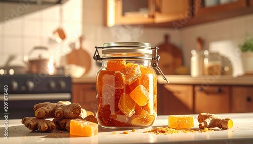 Jar of Crystallized Ginger Candies with Golden Amber Hue