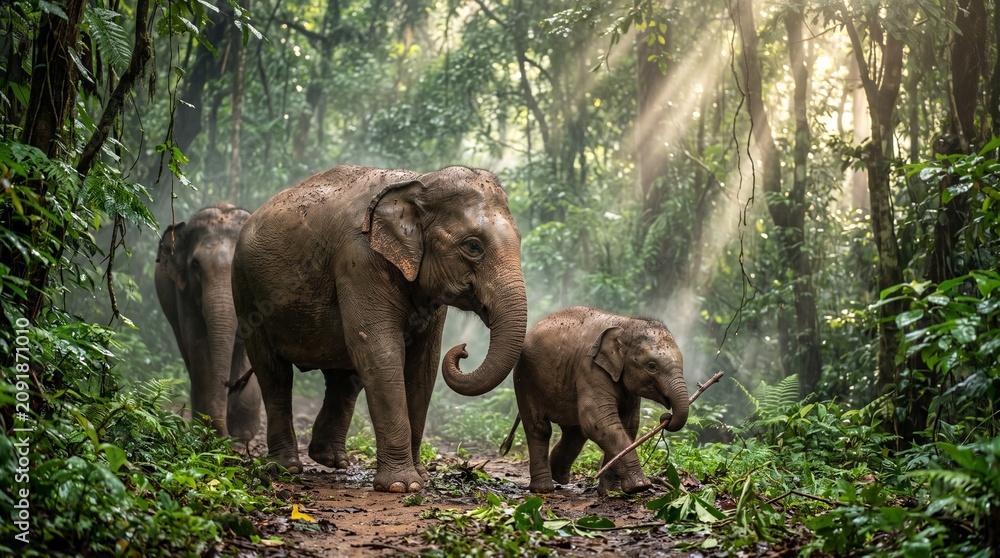 Obraz premium World Elephant Day Gentle Elephant Family Walking Through Lush Forest
