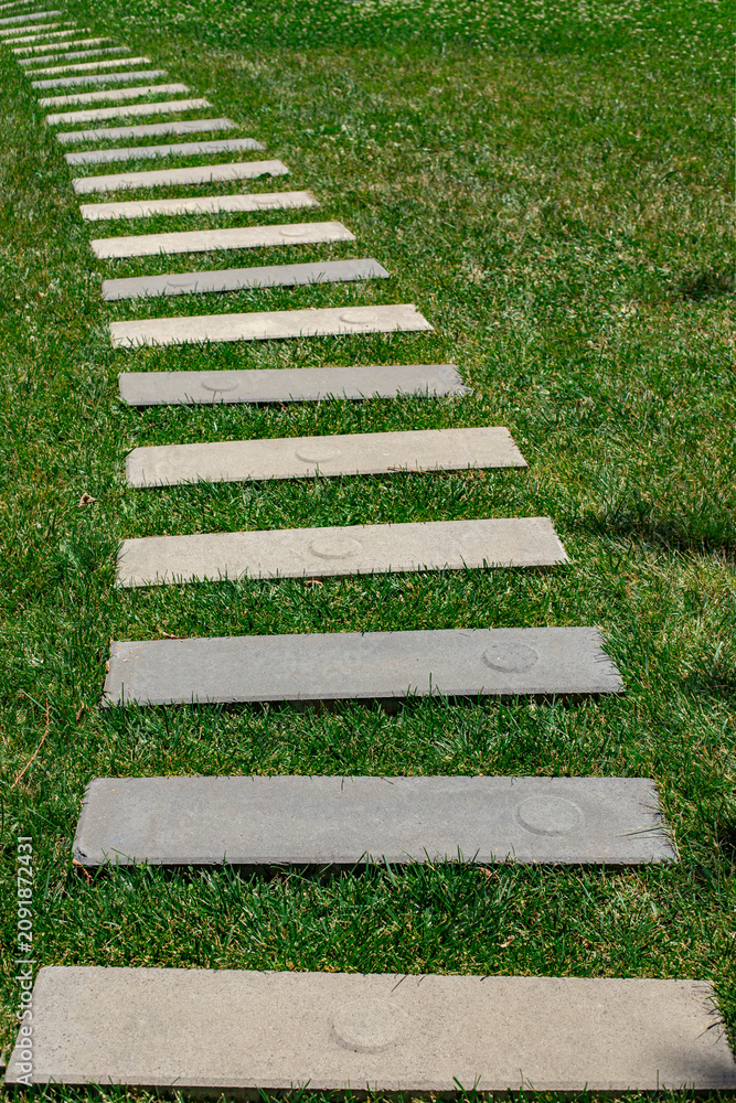 Obraz premium Concrete Stepping Stone Path Curve Through Green Grass Lawn