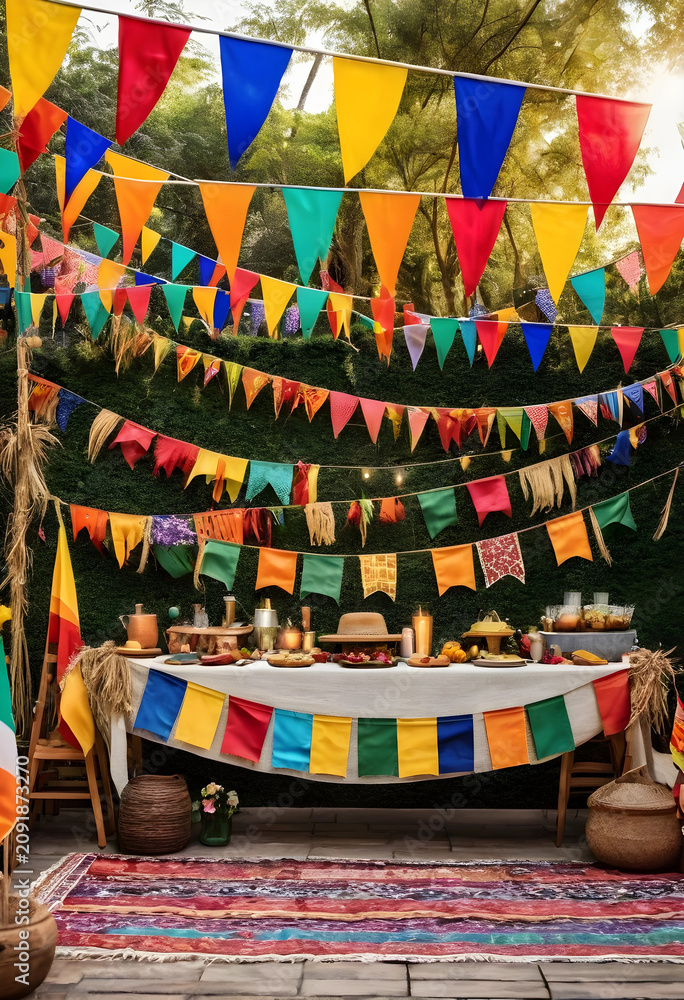 Fototapeta premium Outdoor festa junina celebration with colorful decorations and food table