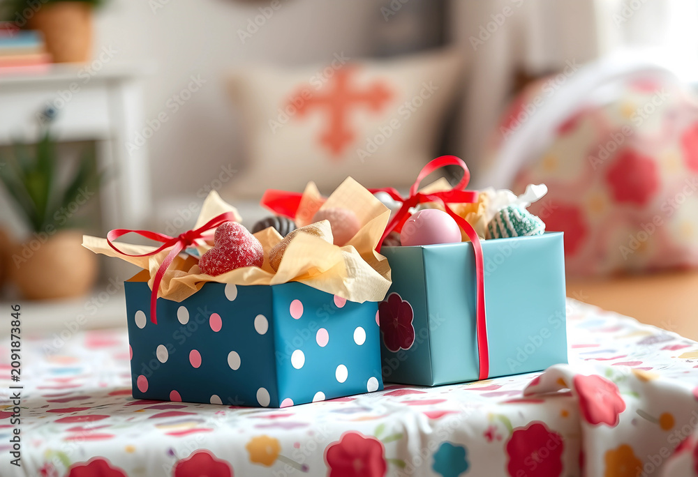 Fototapeta premium Colorful gift boxes with sweets on table at home