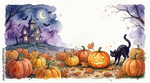 Watercolor Halloween scene, peaceful night, pumpkin patch, cat nap, and storybook art.