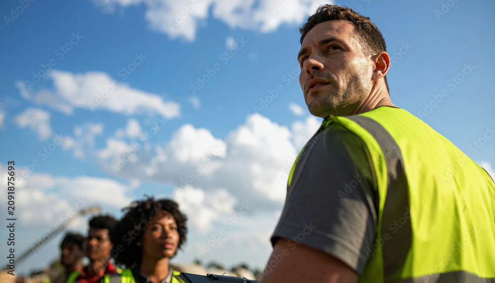 Naklejka premium Diverse Construction Workers Standing Outdoors Wearing High Visibility Safety Vests Representing Professional Teamwork Under Clear Blue Sky
