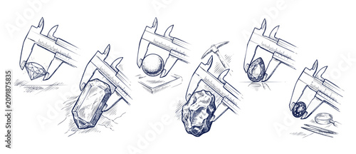 Foto Gemstone measurement caliper sketch illustration set showing precious crystals,