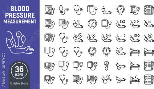 Принти на полотні Blood pressure measurement line icon set featuring hypertension cardiology health check heart monitoring medical outline icons with sphygmomanometer stethoscope arm cuff gauge logbook