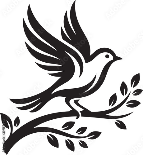 Black and white bird with wings spread perched on a branch