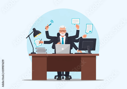 Senior businessman with multiple arms multitasking at a wooden office desk with laptop, computer monitor, documents and books, representing high productivity and expert management.