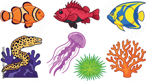 Foto Sea life vector set with clownfish angelfish jellyfish moray eel coral reef urch