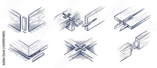 Foto Wood joints carpentry joinery diagrams showcasing timber connection methods in a detailed hand-drawn sketch engraving style vector illustration set for traditional antique woodworking and DIY crafts