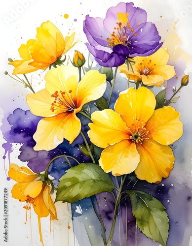 Bright Yellow Orange Hibiscus Flowers Watercolor Arrangement